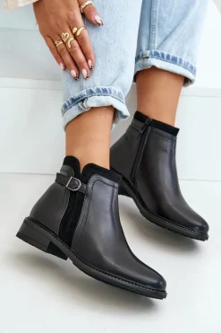 Ocieplane Botki Damskie Z Niską Cholewką Na Zamek Eko Skórzane Czarne Taitha