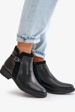 Ocieplane Botki Damskie Z Niską Cholewką Na Zamek Eko Skórzane Czarne Taitha