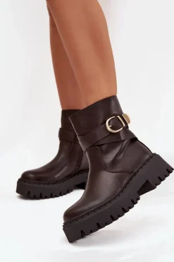 Ocieplane Botki Damskie Ze Złotą Klamrą Czekoladowe Elanore