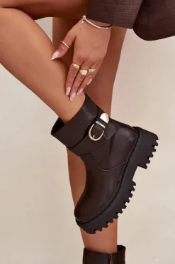 Ocieplane Botki Damskie Ze Złotą Klamrą Czekoladowe Elanore