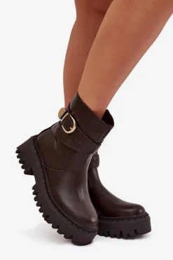 Ocieplane Botki Damskie Ze Złotą Klamrą Czekoladowe Elanore