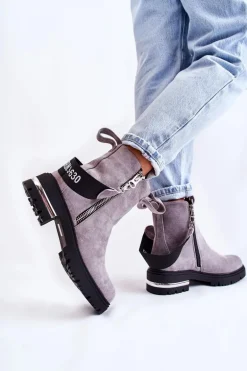 Ocieplane Botki Damskie Z Suwakiem Szare Calvaro