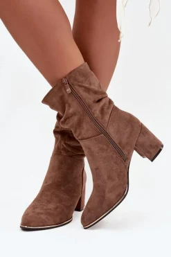 Ocieplane Botki Damskie Z Marszczeniem Na Słupkowym Obcasie Brązowe Ivressa