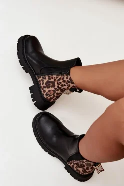 Ocieplane Botki Damskie Ze Złotym Detalem Panterka Czarne Calista