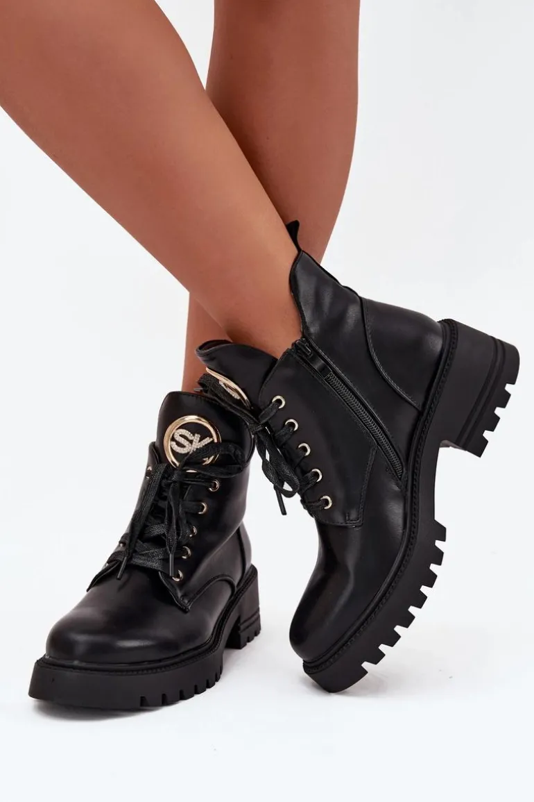 Ocieplane Botki Damskie Ze Złotym Detalem Czarne Kavirae