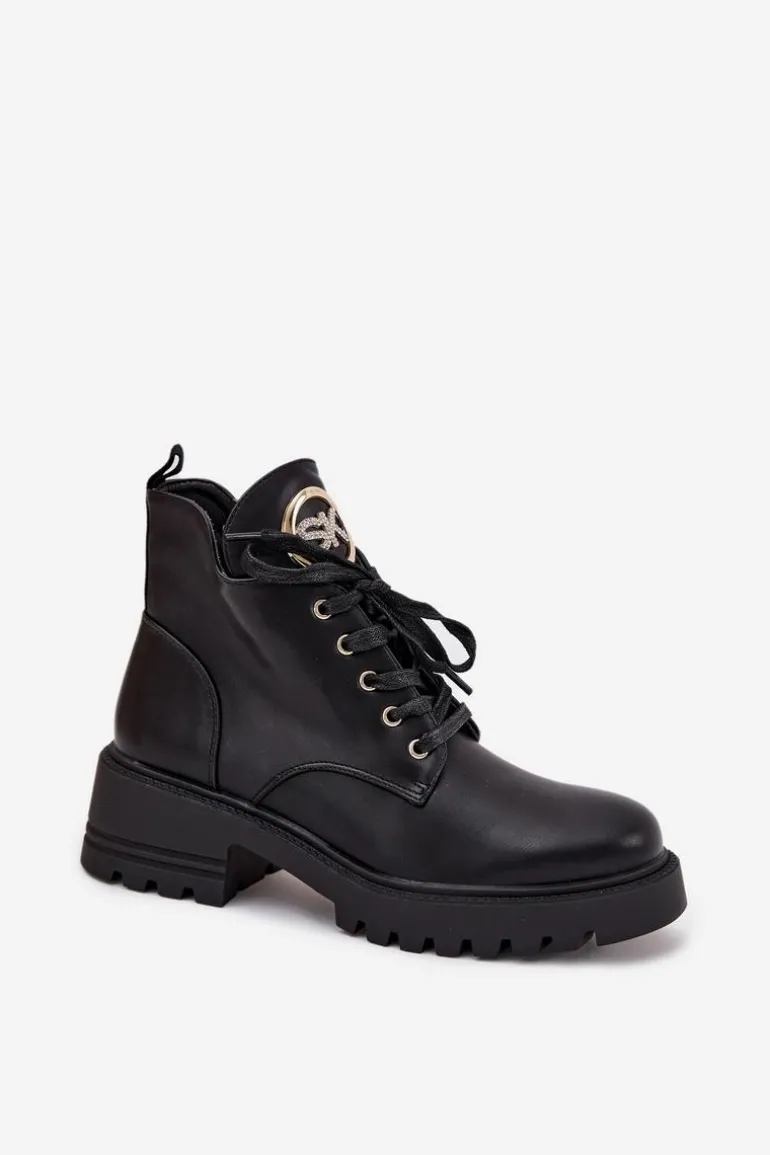 Ocieplane Botki Damskie Ze Złotym Detalem Czarne Kavirae