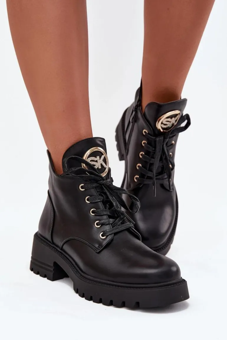 Ocieplane Botki Damskie Ze Złotym Detalem Czarne Kavirae