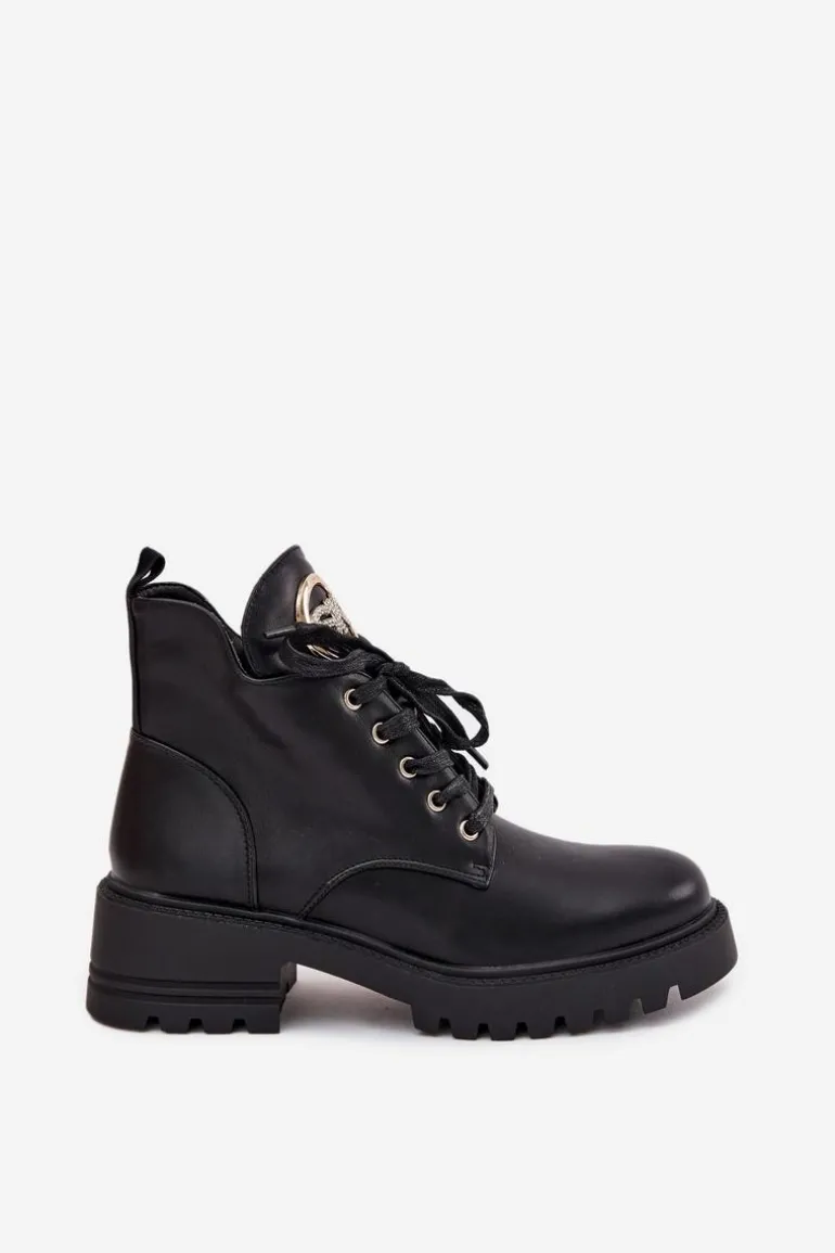 Ocieplane Botki Damskie Ze Złotym Detalem Czarne Kavirae