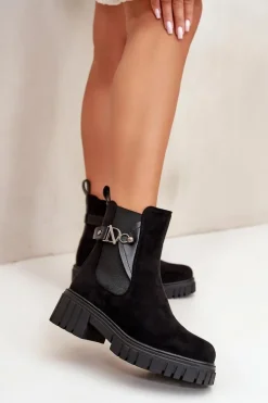 Ocieplane Botki Damskie Ze Złotym Detalem Eko Zamszowe Czarne Bervena