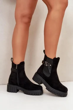 Ocieplane Botki Damskie Ze Złotym Detalem Eko Zamszowe Czarne Bervena