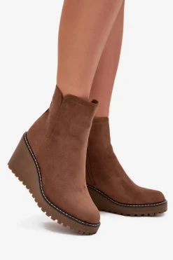 Ocieplane Botki Na Koturnie Z Eko Zamszu Brązowe Mavona