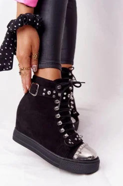 Ocieplane Botki Na Koturnie Zamszowe Czarne Lu Boo