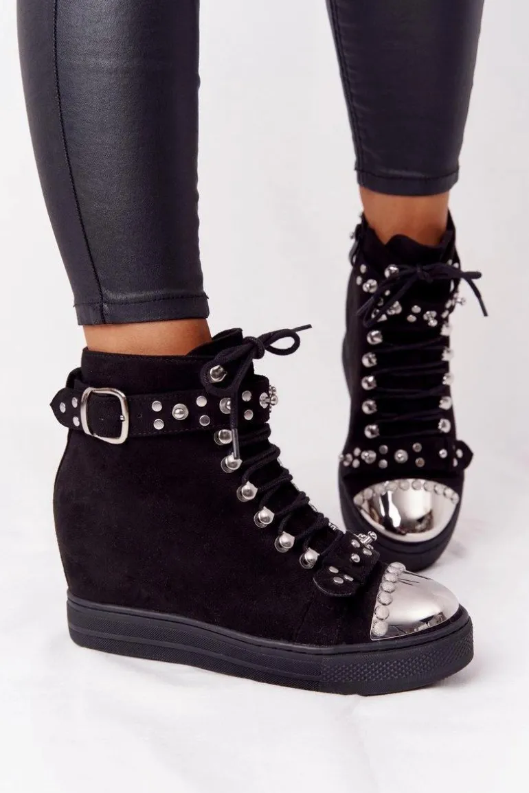 Ocieplane Botki Na Koturnie Zamszowe Czarne Lu Boo