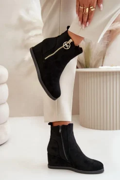 Ocieplane Botki Na Koturnie Z Ozdobnym Zamkiem Eko Zamszowe Czarne Leretha