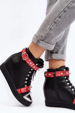 Ocieplane Botki Na Koturnie Z Dżetami Ekoskóra Lu Boo Czarne