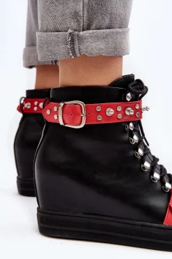 Ocieplane Botki Na Koturnie Z Dżetami Ekoskóra Lu Boo Czarne