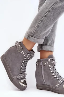Ocieplane Botki Na Koturnie Z Dżetami Zamszowe Lu Boo Szare