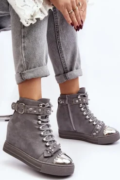 Ocieplane Botki Na Koturnie Z Dżetami Zamszowe Lu Boo Szare