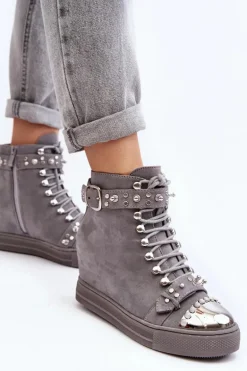 Ocieplane Botki Na Koturnie Z Dżetami Zamszowe Lu Boo Szare