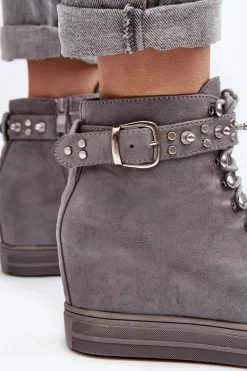 Ocieplane Botki Na Koturnie Z Dżetami Zamszowe Lu Boo Szare