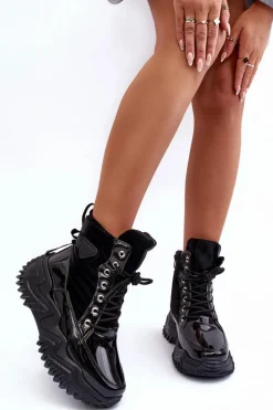 Ocieplane Botki Na Masywnej Platformie Czarne Lanleh