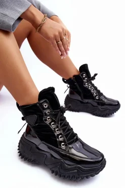 Ocieplane Botki Na Masywnej Platformie Czarne Lanleh