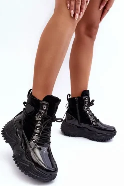 Ocieplane Botki Na Masywnej Platformie Czarne Lanleh