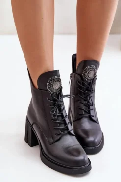 Ocieplane Botki Na Masywnym Obcasie Skóra Naturalna Czarne Vinceza 66676