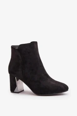 Ocieplane Botki Na Obcasie Słupku Z Lustrzanym Elementem Czarne Silvare