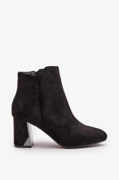 Ocieplane Botki Na Obcasie Słupku Z Lustrzanym Elementem Czarne Silvare