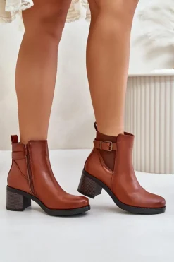 Ocieplane Botki Na Obcasie Eko Skórzane Z Klamrą Camel Eriliana