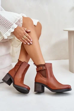 Ocieplane Botki Na Obcasie Eko Skórzane Z Klamrą Camel Eriliana