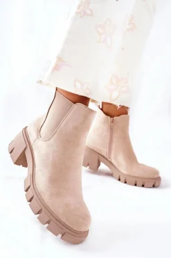 Ocieplane Botki Na Obcasie Beżowe Madge