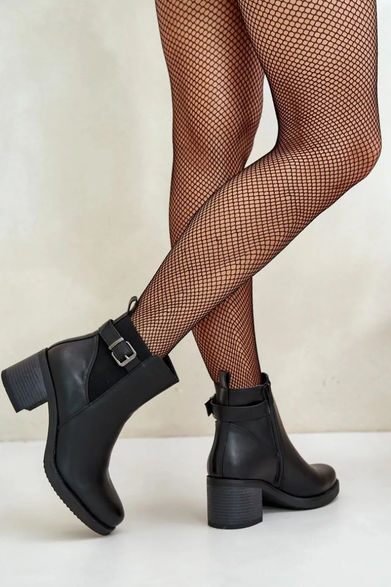 Ocieplane Botki Na Obcasie Eko Skórzane Z Klamrą Czarne Eriliana