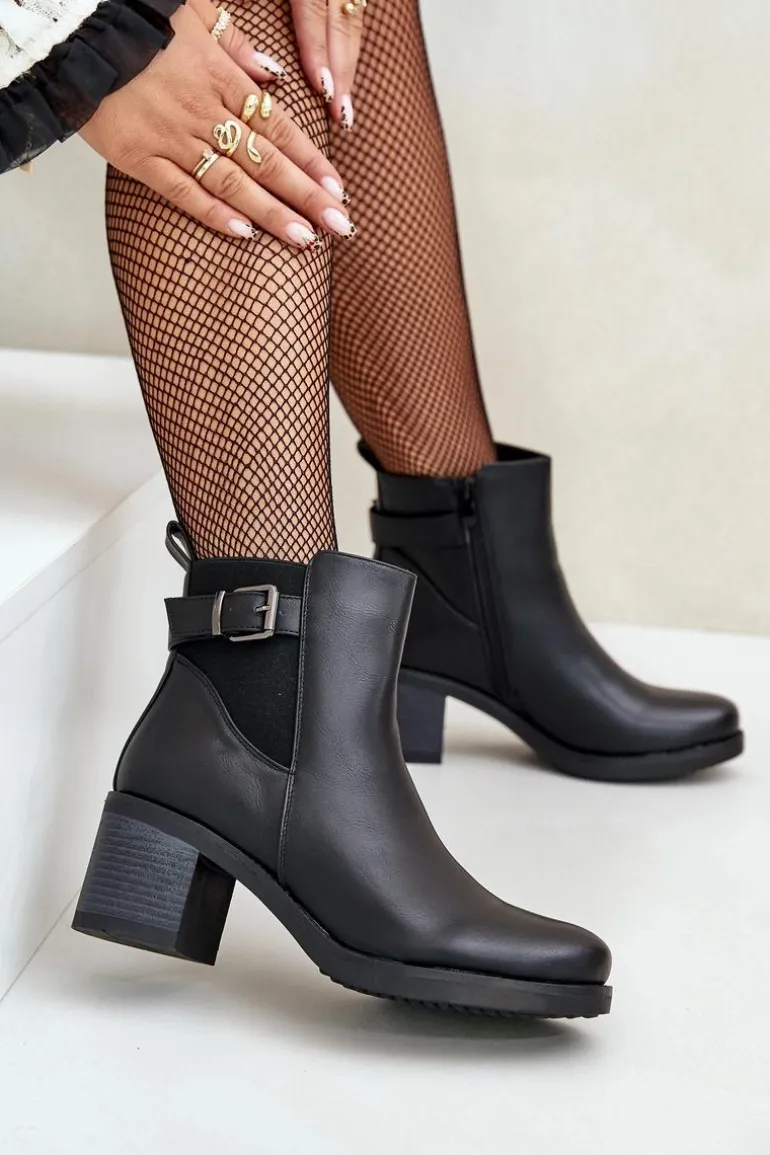 Ocieplane Botki Na Obcasie Eko Skórzane Z Klamrą Czarne Eriliana