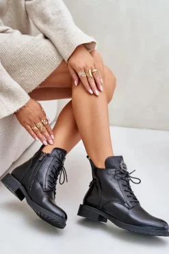 Ocieplane Botki Na Płaskim Obcasie Z Ozdobą Czarne Leonise