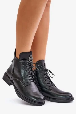 Ocieplane Botki Na Płaskim Obcasie Z Ozdobą Czarne Leonise