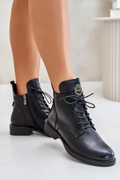 Ocieplane Botki Na Płaskim Obcasie Z Ozdobą Czarne Leonise