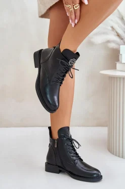 Ocieplane Botki Na Płaskim Obcasie Z Ozdobą Czarne Leonise