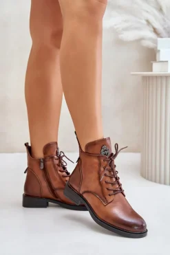 Ocieplane Botki Na Płaskim Obcasie Z Ozdobą Camel Leonise