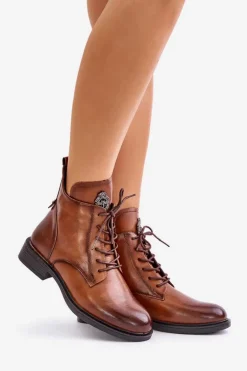 Ocieplane Botki Na Płaskim Obcasie Z Ozdobą Camel Leonise