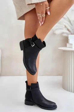 Ocieplane Botki Na Płaskim Obcasie Z Paskiem Czarne Sabamessa