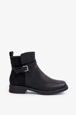 Ocieplane Botki Na Płaskim Obcasie Z Paskiem Czarne Sabamessa