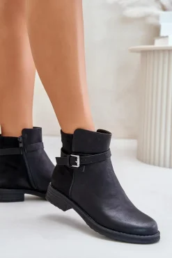 Ocieplane Botki Na Płaskim Obcasie Z Paskiem Czarne Sabamessa