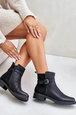 Ocieplane Botki Na Płaskim Obcasie Z Paskiem Czarne Sabamessa