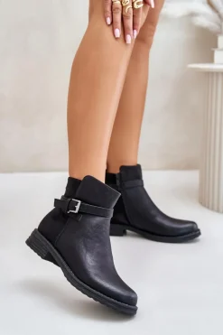 Ocieplane Botki Na Płaskim Obcasie Z Paskiem Czarne Sabamessa