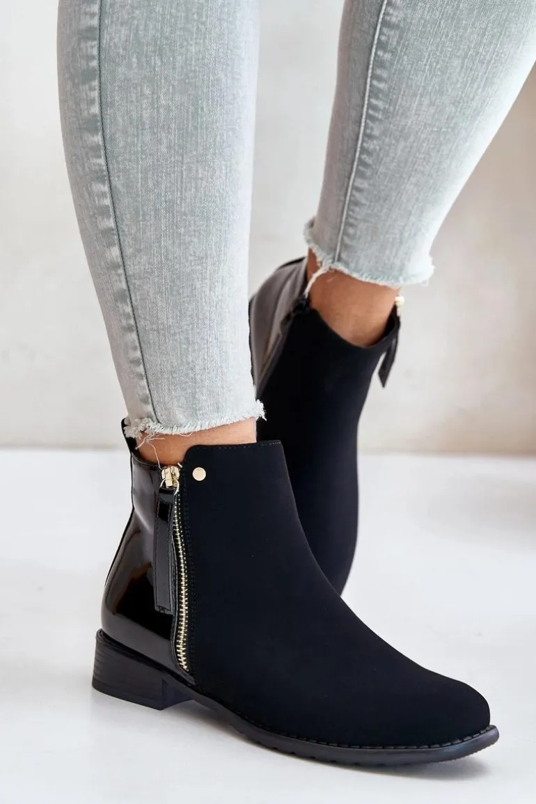 Ocieplane Botki Na Płaskim Obcasie Z Niską Cholewką Czarne Zinariella