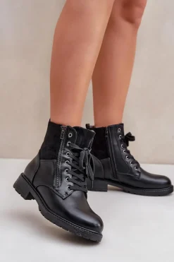 Ocieplane Botki Na Płaskim Obcasie Eko Skórzane Czarne Naoise