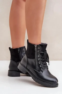 Ocieplane Botki Na Płaskim Obcasie Eko Skórzane Czarne Naoise