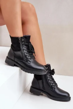 Ocieplane Botki Na Płaskim Obcasie Eko Skórzane Czarne Naoise